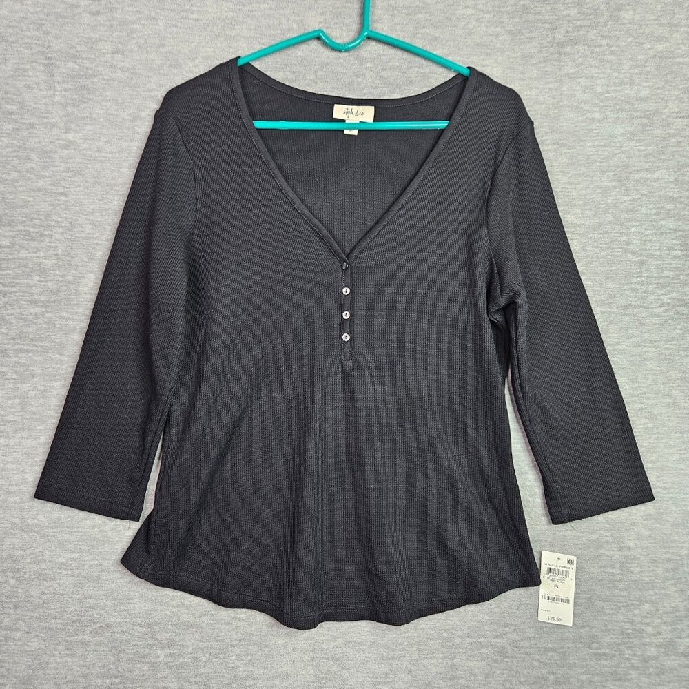 Style & Co Black Waffle Henley Top PL Deep V-Neck 3/4 Sleeves New